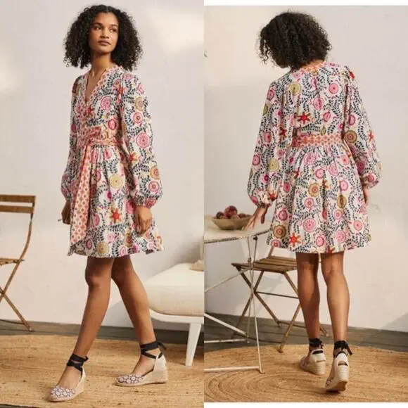 Boden Dress Womens 10 Regular Notch Neck Cotton Opulent Garden Ivory Fit Flare - Picture 2 of 14